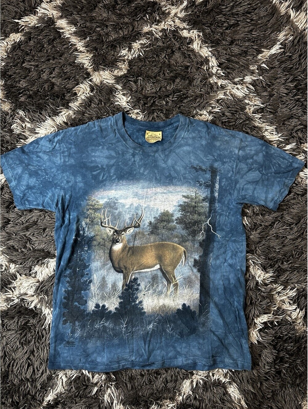 Vintage 90s The Mountain Bucks Deer Wildlife Blue Tie Dye T Shirt Large